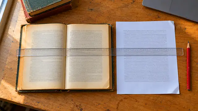 Отворена стара книга и разпечатка на превода, подравнени с прозрачна линия на един и същ ред